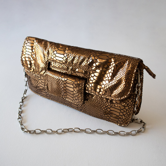 Melie Bianco Handbags - Melie Bianco Snake Skin Bronze Gold Clutch Purse Hand Shoulder Bag Convertible